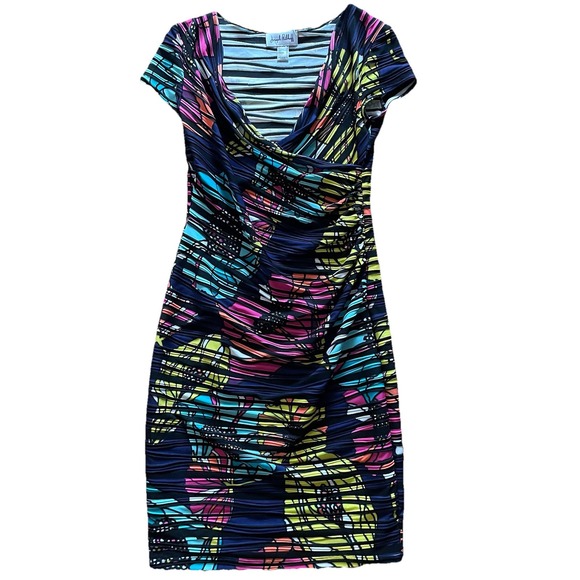 Joseph Ribkoff Women's Floral V-Neck Faux‎ Wrap Dress Short Sleeve Size 8 Medium - Picture 2 of 5